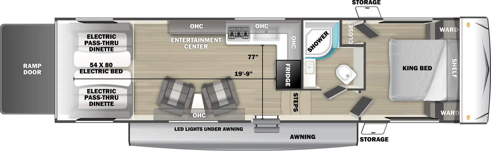 The 3210RLX has zero slideouts, one entry, and rear ramp door. Exterior features storage and awning with LED light underneath. Interior layout front to back: foot-facing king bed with shelf above, wardrobes on each side, and off-door side closet; off-door side full bathroom; steps down to main living area and entry; refrigerator and kitchen counter with overhead cabinet wrap from inner wall to off-door side with sink, cooktop and entertainment center; door side chairs with end table, overhead cabinet, and paddle fan; rear opposing electric pass-thru dinettes with electric bed above. Garage dimensions: 19 foot 9 inches from rear to kitchen counter; 77" from door side to kitchen counter.